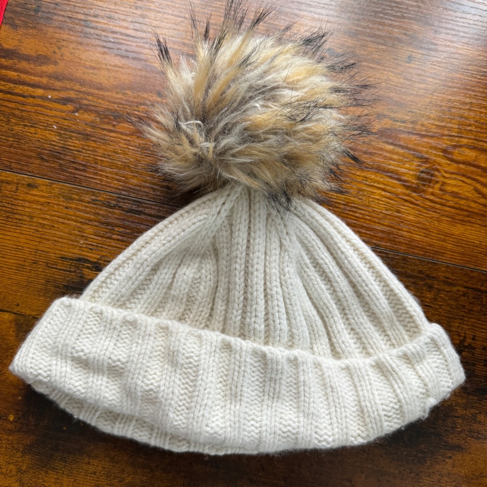 J.Crew Ivory Ribbed Knit Wool Cashmere Blend Beanie Faux Fur Pom Pom Hat Preppy